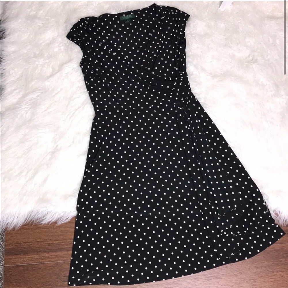 Ralph Lauren Black White Polka Dot Faux Wrap Dress